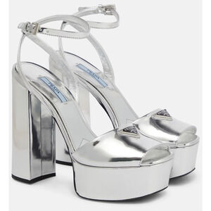 Prada 135mm Metallic Silver Logo Platform Sandal Ankle Strap Block Heel Pump 40